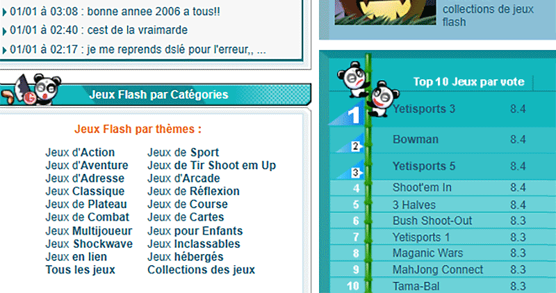 Capture du site T45OL montrant Mahjong Connect parmi les jeux Flash les mieux notés.